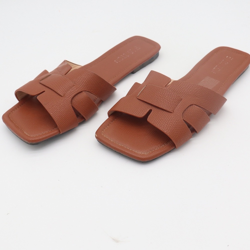 FASHION Brown Textured H-Band Flat Slide Sandals Square Toe Size 10 43 0050